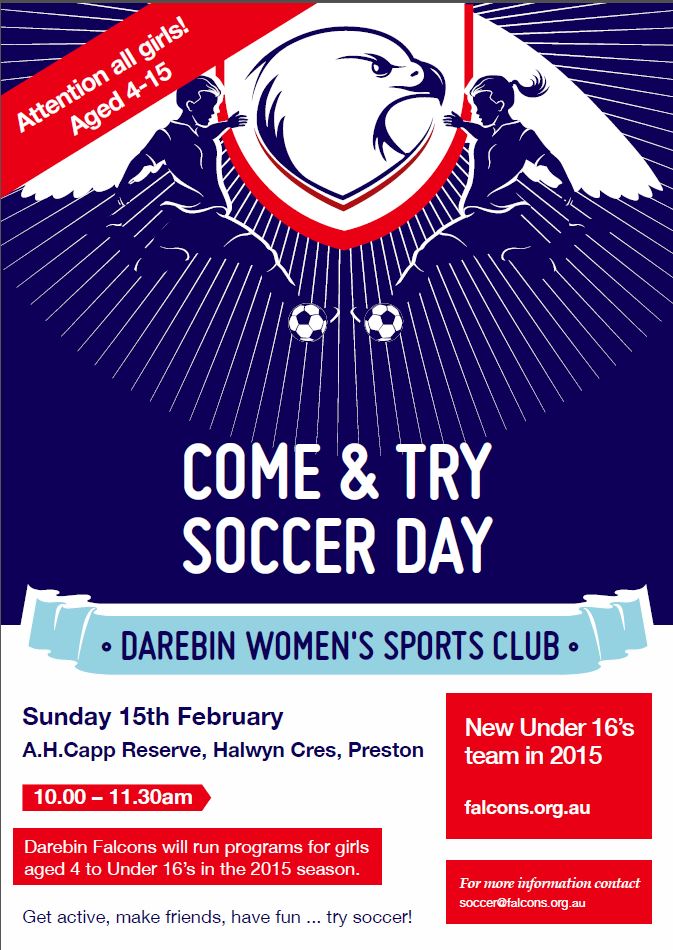 Darebin Falcons COme and Try Day Flyer Feb 15th