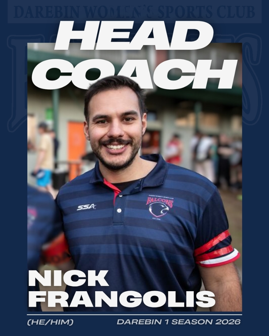 Portrait of Nick Frangolis, Head Coach of the Darebin Falcons Senior team for the 2026 season, wearing Darebin Falcons club apparel at AH Capp Reserve