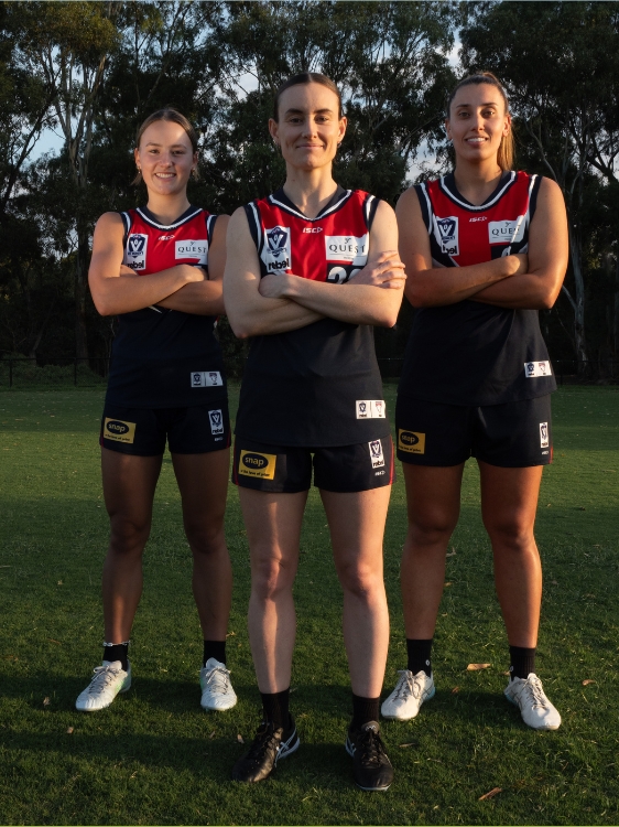Darebin Falcons 2026 VFLW Captain Caitlin Bunker with Vice Captains Alyssa Mifsud and Lulu Beatty